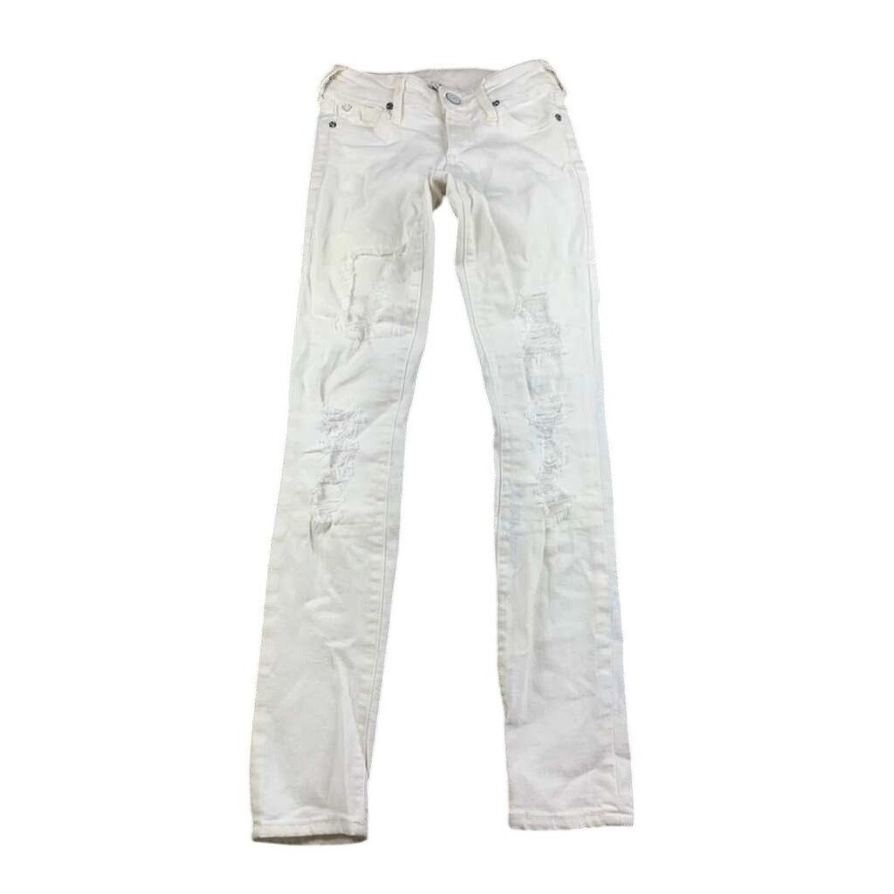 True Religion Jean Women 23 Halle Mid Rise Super Skinny White Distressed Stretch